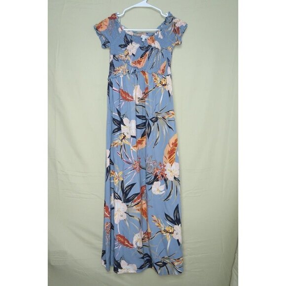 Patrons of Peace Maxi Dress Blue Tropical Floral Smocked Bodice Women's S EUC - Picture 1 of 10